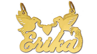 14K Gold Personalized Designer Script Love Birds Nameplate