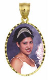 14K Gold Large Oval w/Diamond Cut Frame Photo Pendant